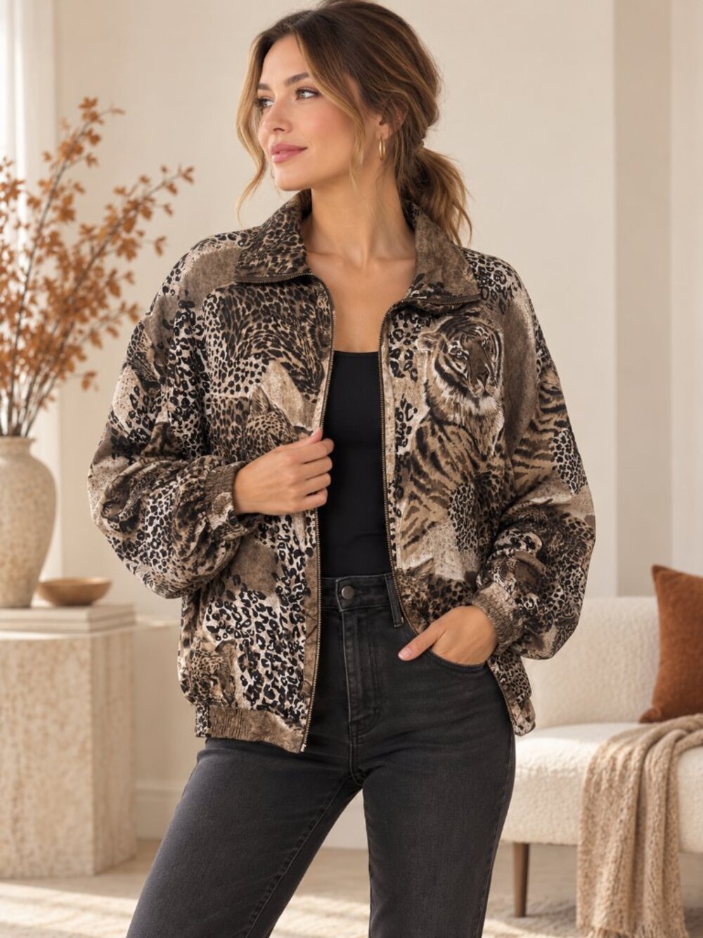 Vintage FU DA International Silk Animal Print Bomber Jacket L